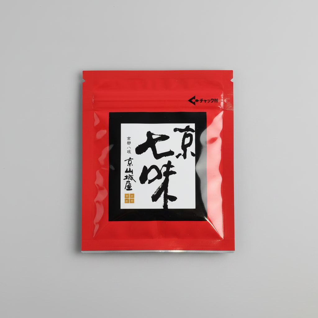 A red package of Shichimi with Japanese-Grown Sesame displayed on a surface.