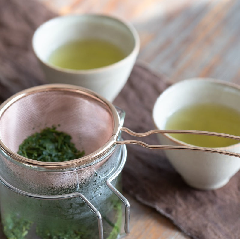 Three Snow: Tea Strainer and Glass Kyusu Set (Pink Gold - blackens as it ages)