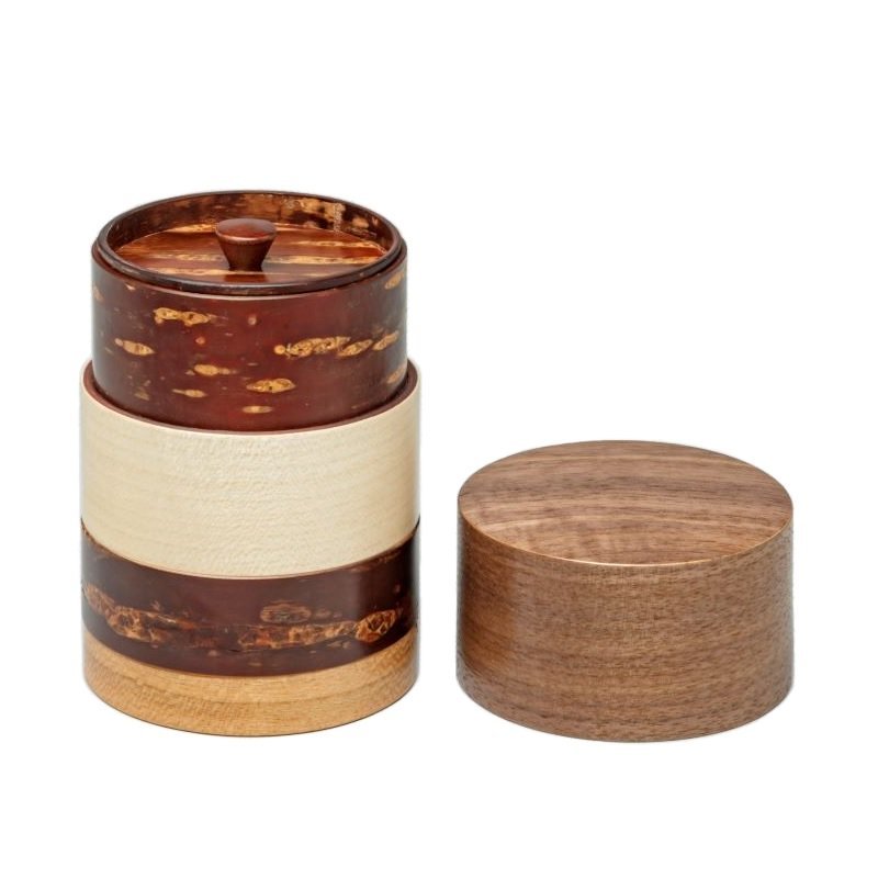 Fujiki Denshiro: Wazutsu Series Kabazaiku Tea Canisters, 4-color Walnut 輪筒4色 茶筒 くるみ - yumenet.live