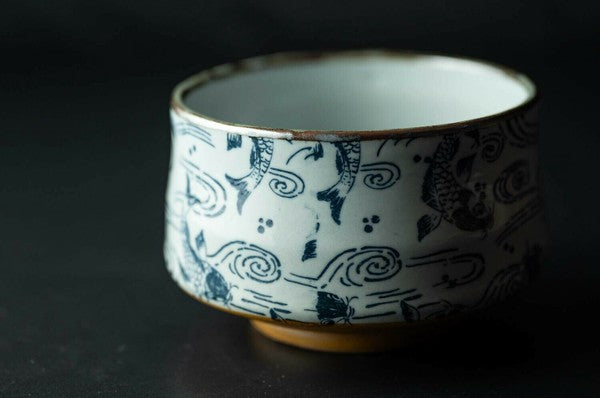 Carp in Waves Pattern Matcha Bowl in Wooden Gift Box