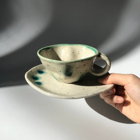 Hiroshi Hirai: Heart Shaped Cup & Saucer Set, Green Accents - yumenet.live