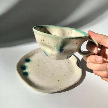 Hiroshi Hirai: Heart Shaped Cup & Saucer Set, Green Accents - yumenet.live