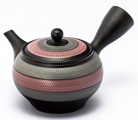 Koizumi: Left-handed Silver & Pink Striped Tokoname Kyusu Tea Pot by Kiln Tosei, 330 ml, 8-193 【陶聖】２色ルレット左手急須 - yumenet.live
