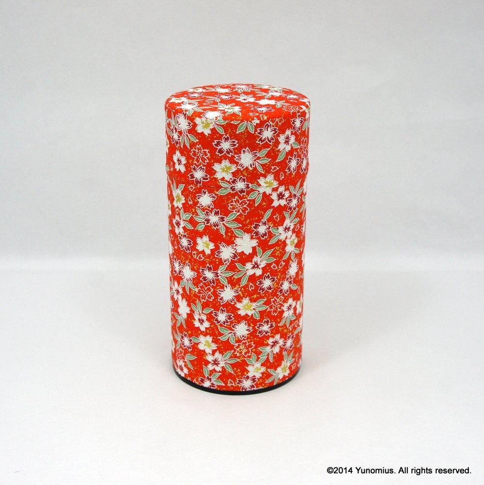 Okumura Seikan 774: Tea Canister, Chiyogami Washi Paper - Sakura Red (size for 175g sencha) - yumenet.live