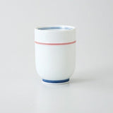 Saikai Ceramics: Red Trim, White Porcelain Yunomi Tea Cup with Blue Accents 150 ml - yumenet.live